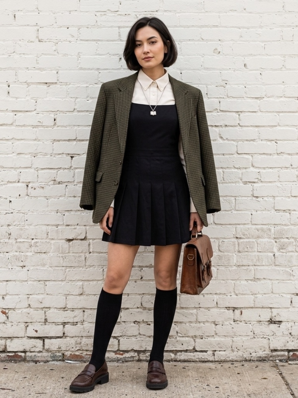 Divided Square-Neck Pleated Pinafore Mini Dress | Size M | Dark Academia Grunge